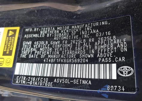 2016 Toyota Camry Le z USA, uszkodzony, nr VIN 4T4BF1FK6GR569204